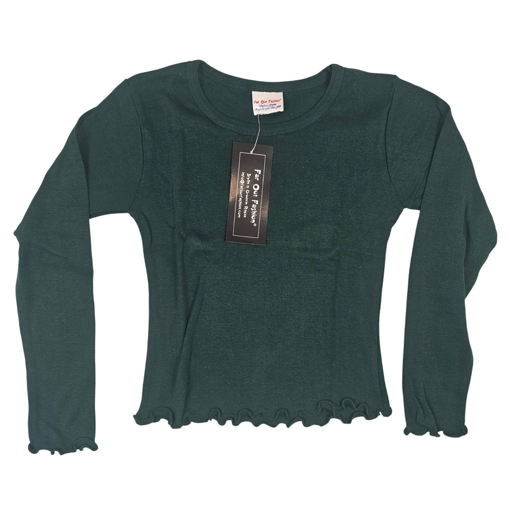 Far Out Fashion Womens Small Green Ribbed Long Sleeve Lettuce Hem Cotton Top NWT